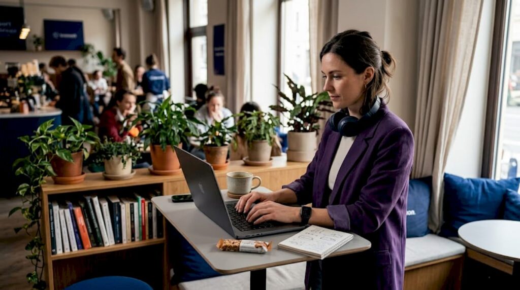 Professional woman working focused behind glass partition