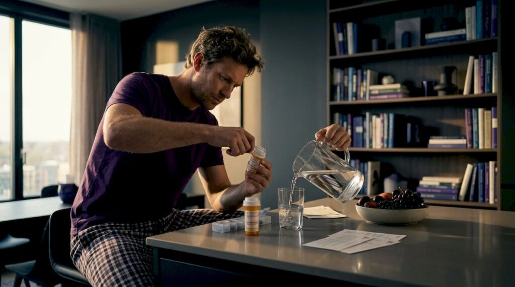Man reading medication bottle in kitchen