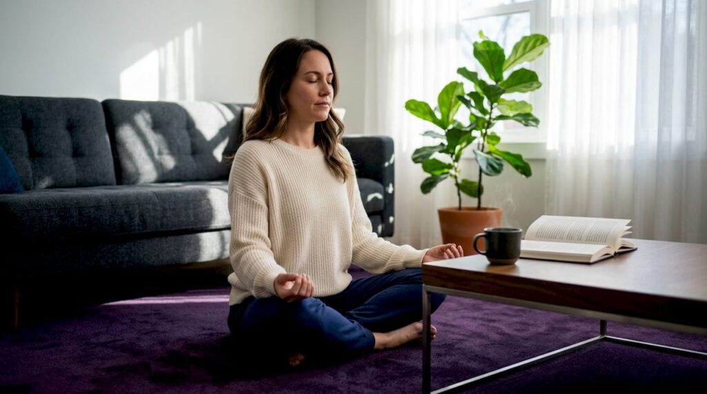 Woman practicing mindfulness in sunlit living room