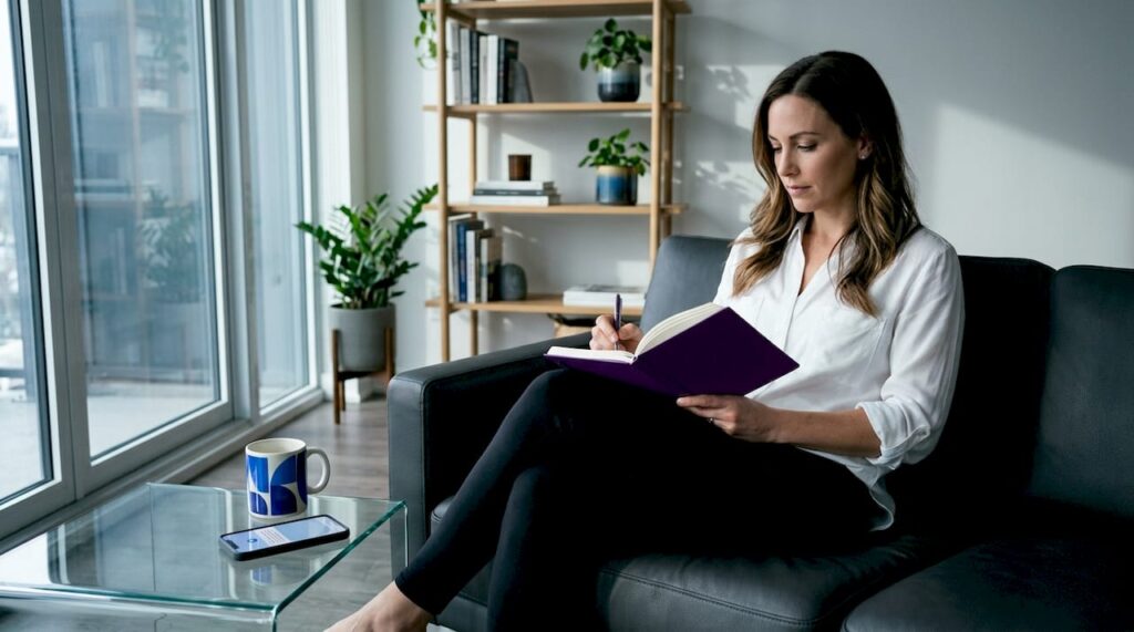 Woman journaling mood at home in afternoon light