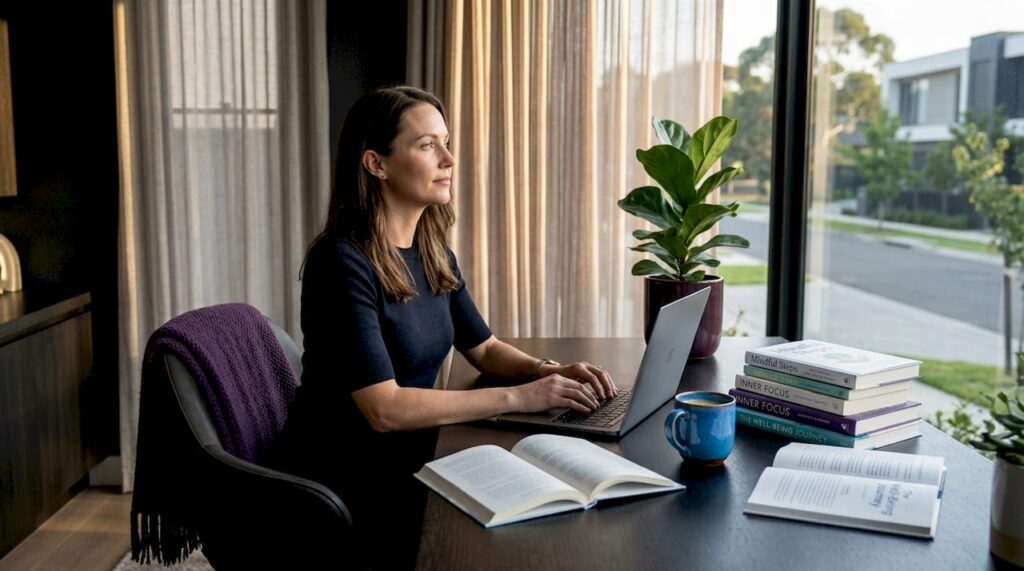 Woman reflecting at home desk in sunlight