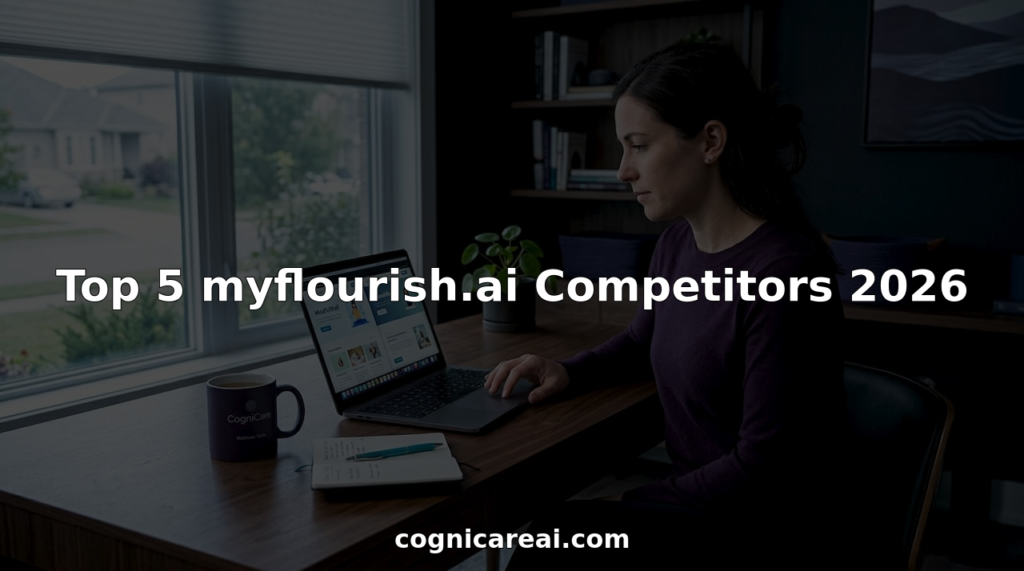 Professional woman comparing mental health apps at home workspace