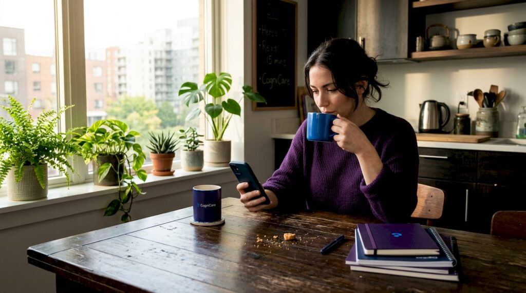 Woman practicing self-care in kitchen