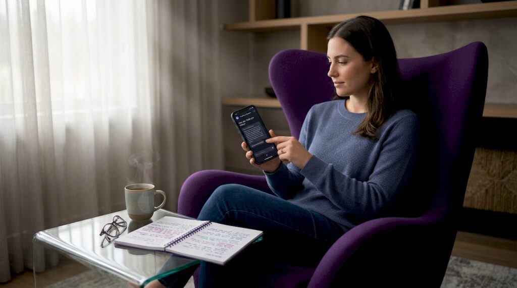 Woman using AI mental health app on smartphone
