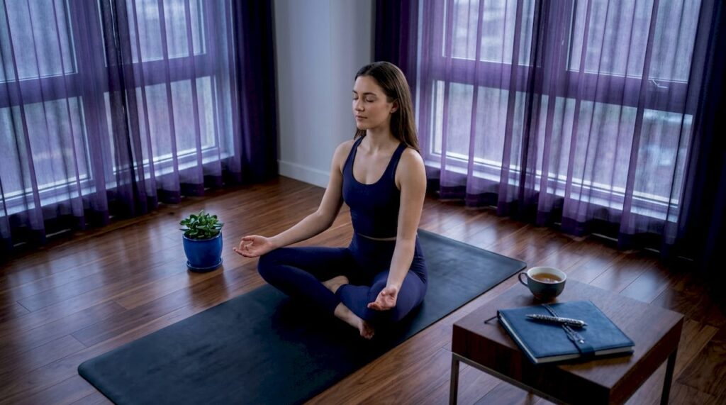 Adult woman meditating peacefully on yoga mat