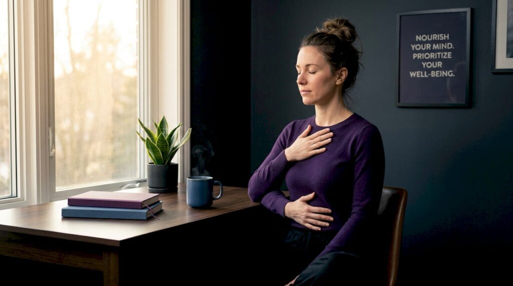 Woman practicing breathing in home office