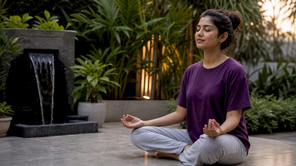 Woman practicing guided meditation at home
