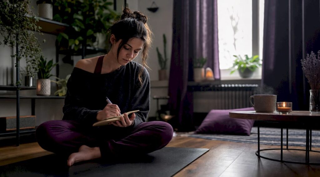Woman journaling in cozy living room