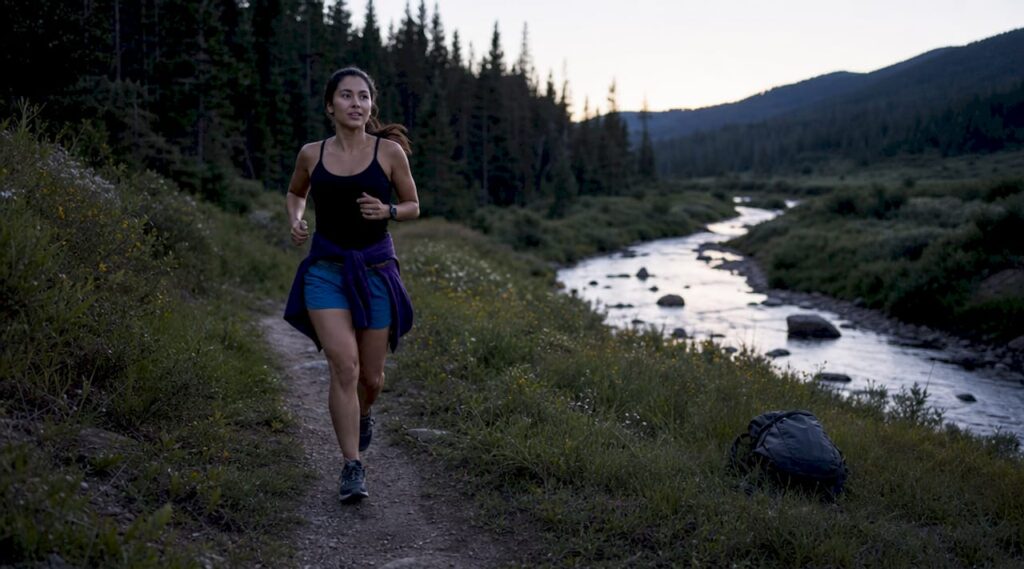 Woman jogging in urban park during morning exercise