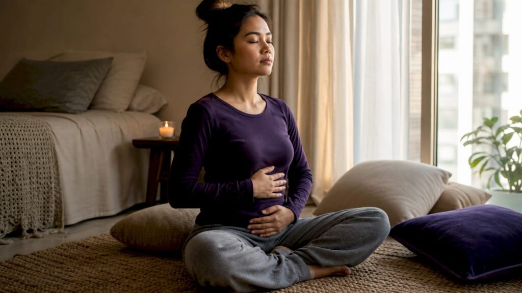 Woman practicing calming breathing exercises at home