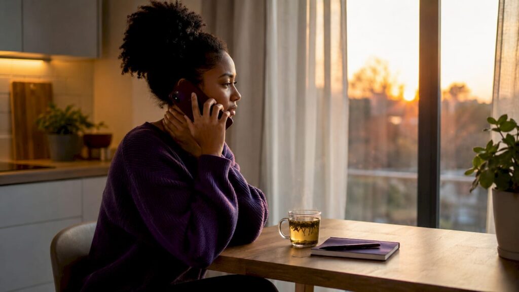 Woman making crisis support call at home