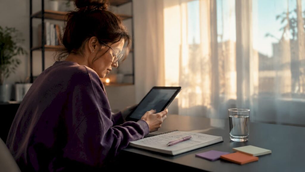 User engaging with AI mental health app in home study