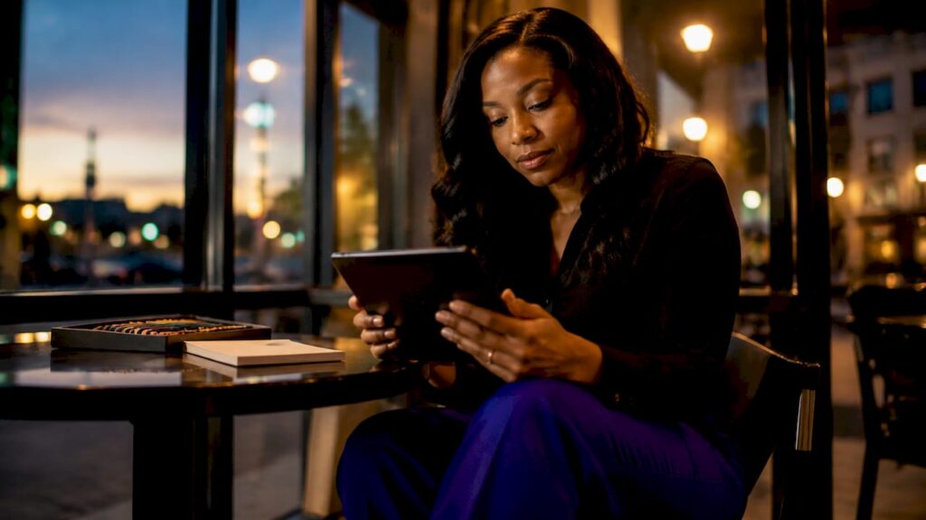 Woman using AI mental health tablet at home