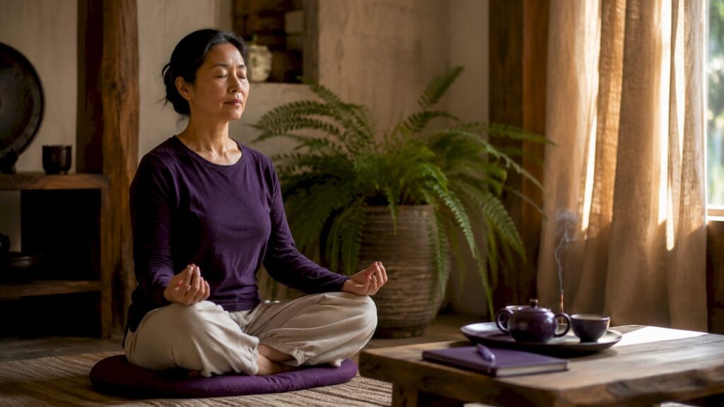 Woman meditating in calm home studio