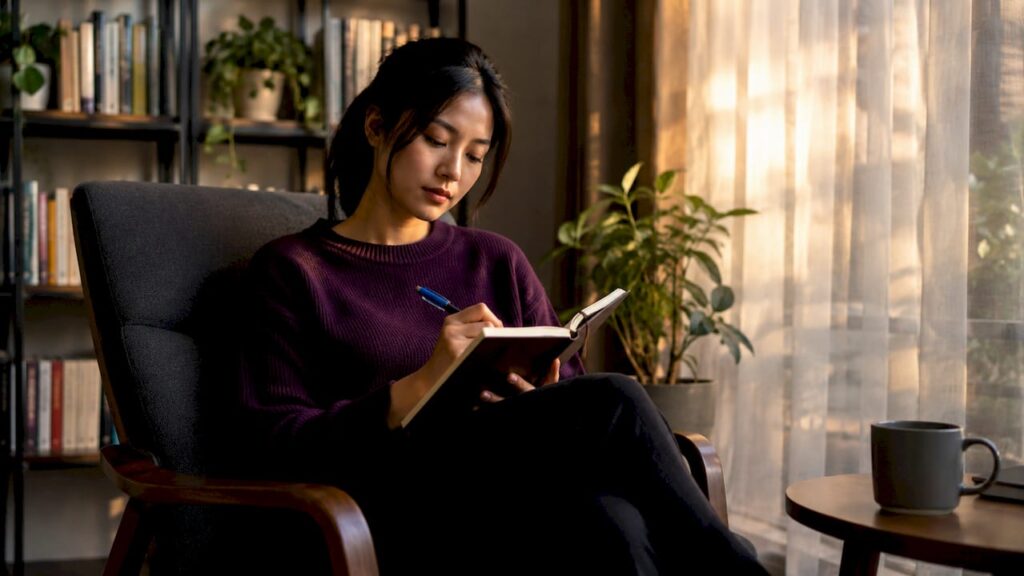 Woman journaling self-compassion practices at home