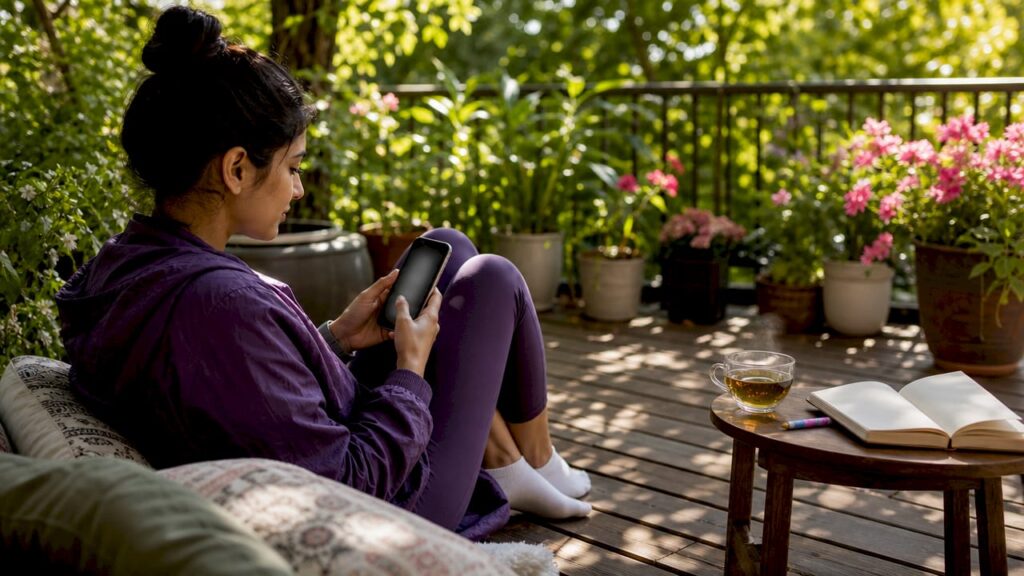 Woman using mindfulness app at home for anxiety relief