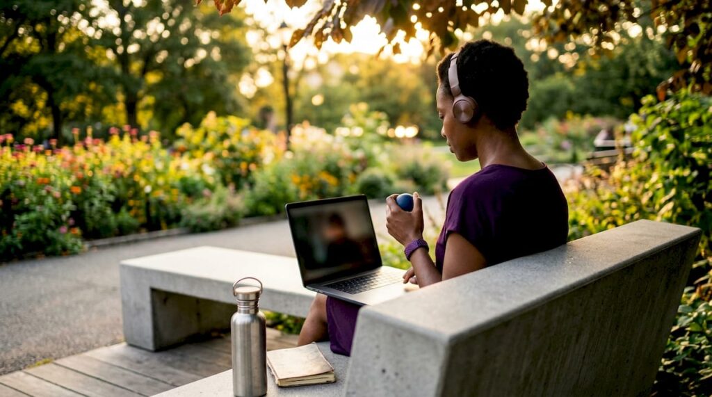 Woman attending virtual mental health therapy session