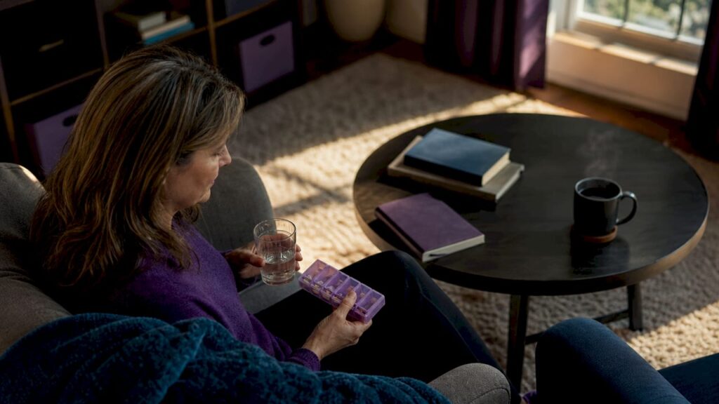Woman at kitchen table managing medication routine