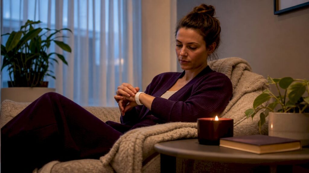 Woman preparing to track sleep in bedroom