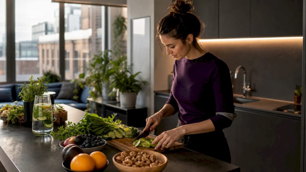 Woman preparing anxiety-reducing meal in sunny kitchen