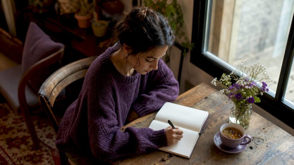 Woman writing gratitude journal at home