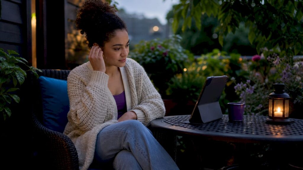 Woman accessing on-demand mental health support via tablet