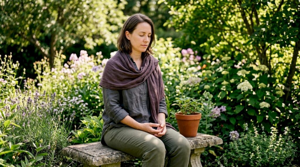 Woman practicing grounding technique outdoors