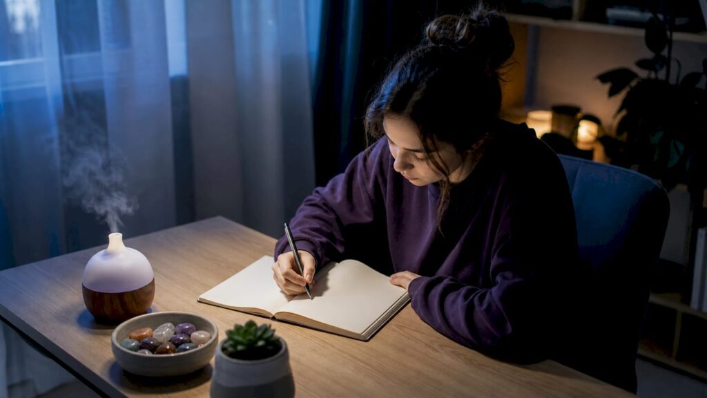 Woman planning depression coping strategies at home