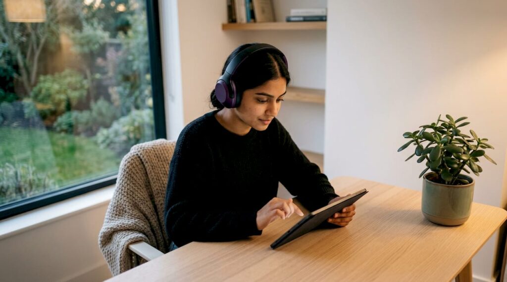 Woman using mental health app at home