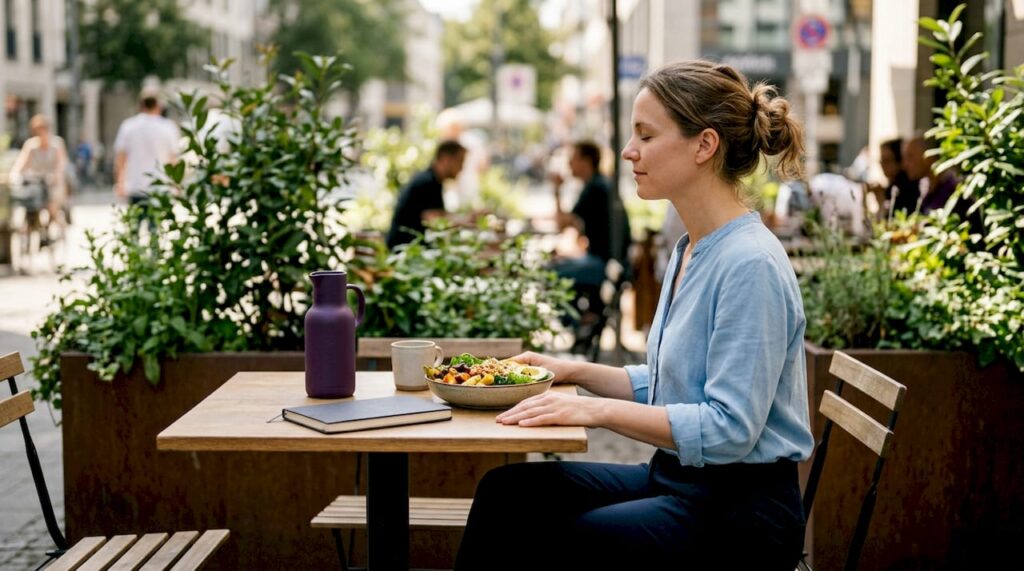 Woman taking mindful lunch break in café