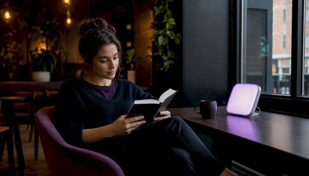 Woman using light therapy box at home in morning