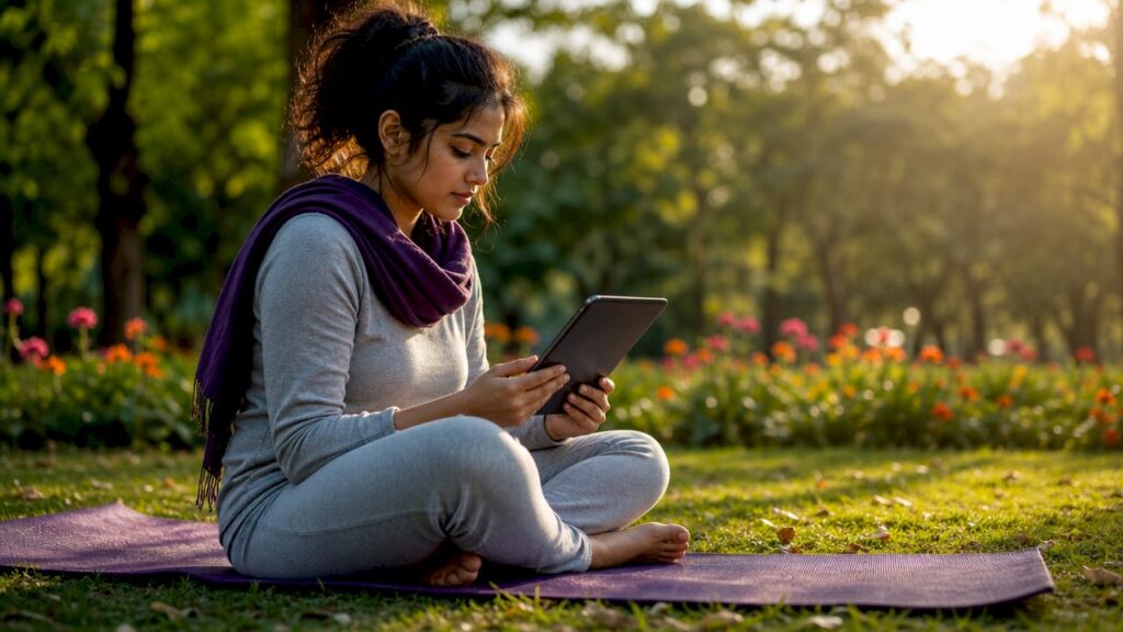 Woman using AI mental health app at home on couch
