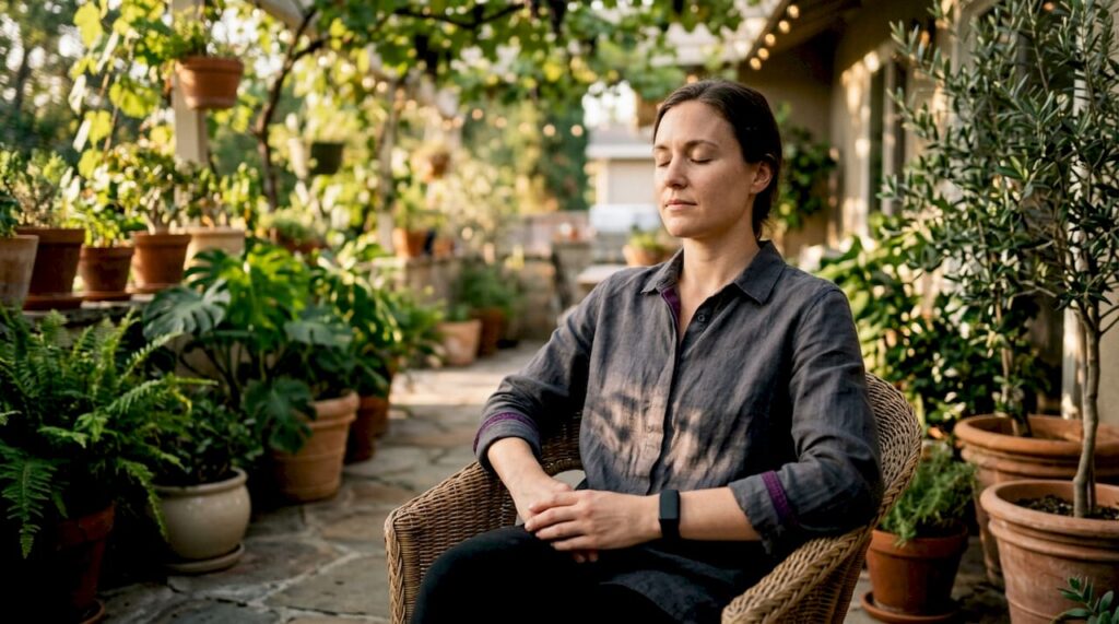 Woman using biofeedback device at home