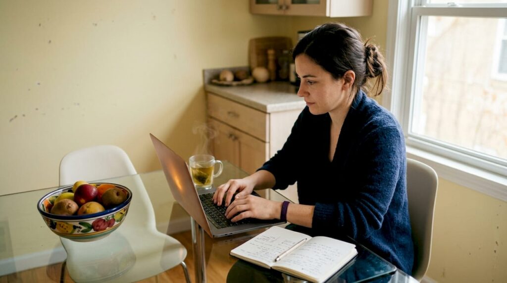 Woman participating in online depression support group at home