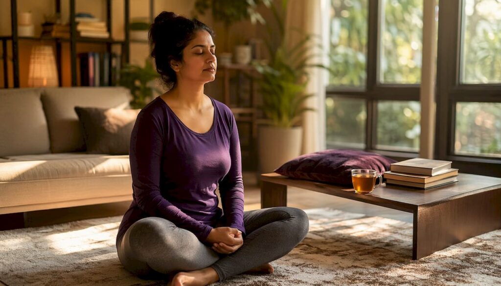 Woman practicing mindfulness in home office