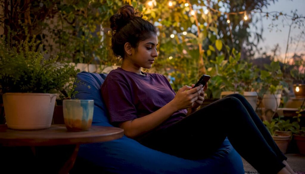 Woman using self-care app on sofa