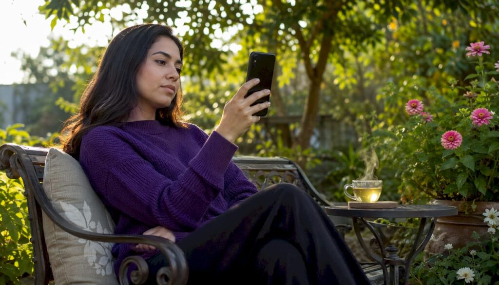 Woman in living room engaged in online mental health support