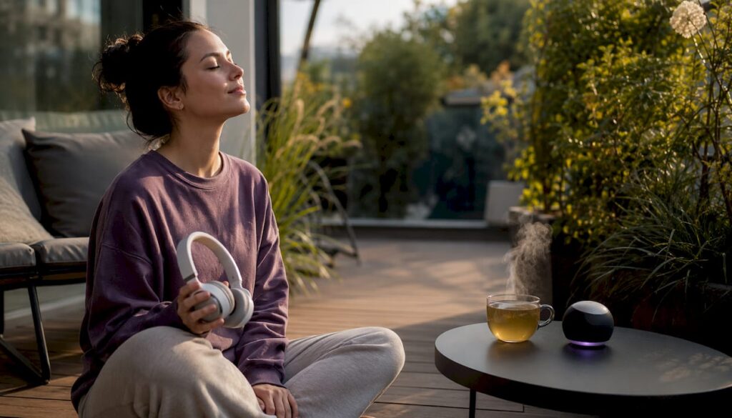 Woman relaxing with calming music and headphones