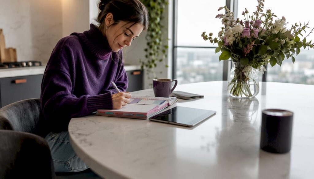 Woman planning daily routine at breakfast table