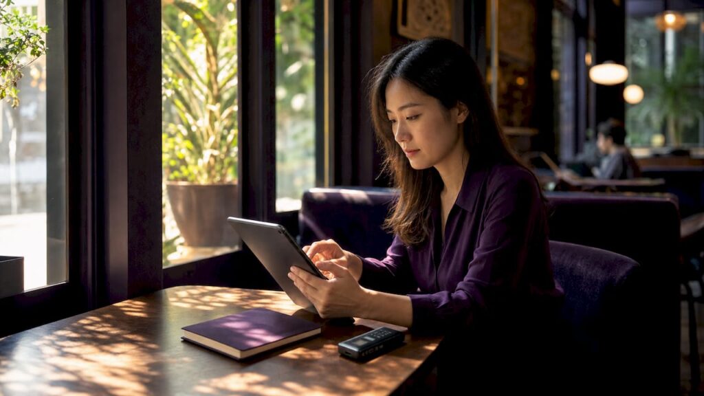 Woman reviewing EvaAI.health alternatives at home