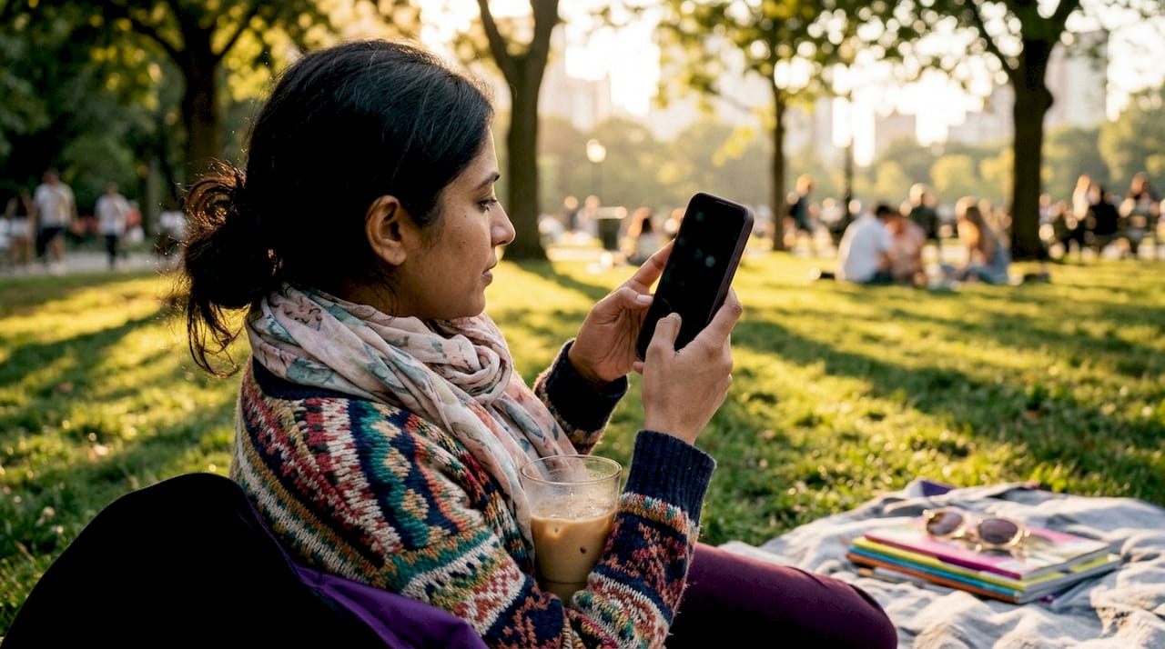 Woman using Youper mood tracking app at café